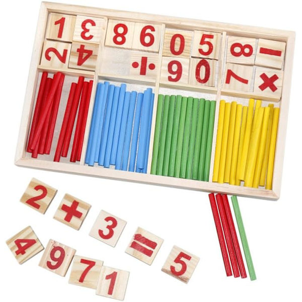 Laskutikkujen laskenta Matematiikan opetuslelu, puiset numerokortit ja laskutikkujen laatikko
