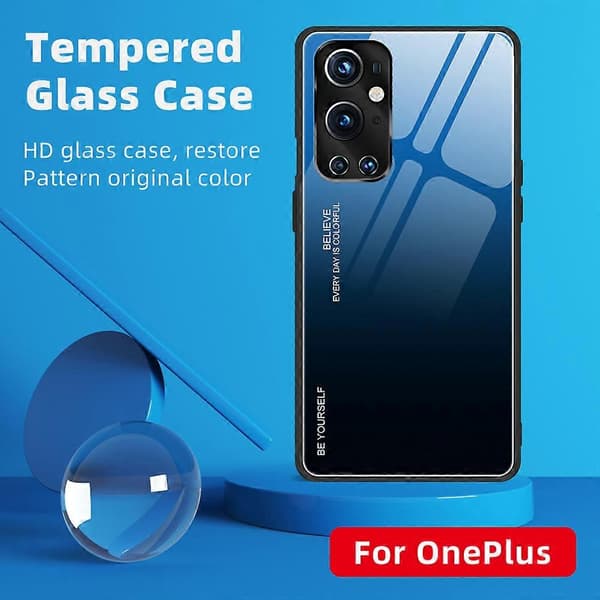 Gradient Hærdet Glas Cover TPU Ramme Bagside Etui til OnePlus 9 Pro Blue Black