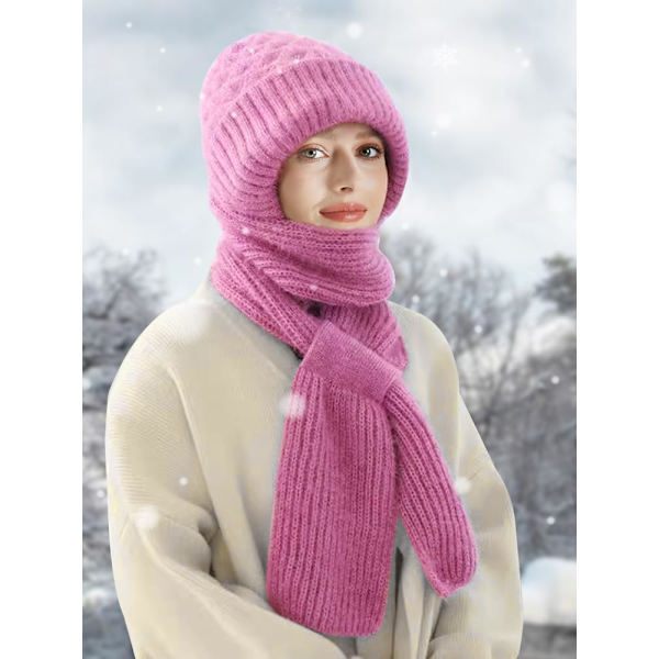 Beaniehatt med Integrerat Öron- och Vindskydd, Elastisk Stickad Tjock Varm Sammansatt Vinter Pink
