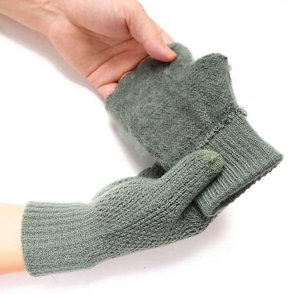 Varme fingerhansker for menn, ensfarget med pels, tykke strikkede hansker med berøringsskjerm Dark green Average size