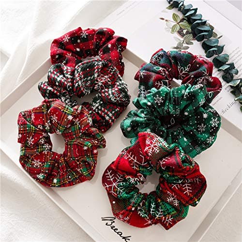 6-pak Julscrunchies til Hår - Scrunchieholder, Hestehale Elastik, Hårelastikker, Hårbånd, Vinter Snefnug, Ternede