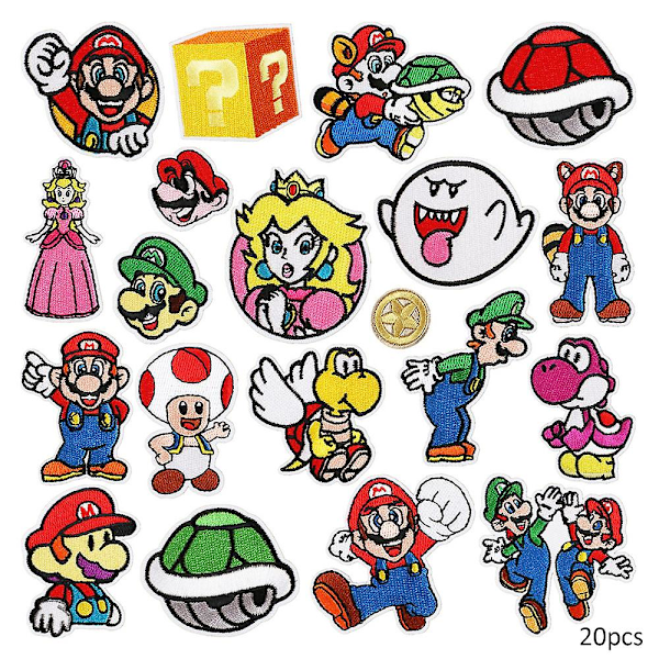 Silitysmerkit, 20 kpl Mario Bros -kirjailtuja applikointilaastareita, ommeltavat silitysmerkit, tee-se-itse-koristelaastareita vaatteisiin, takkiin, kenkiin, laukkuun, lippikseen