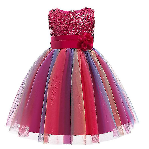 Tyttöjen paljettimekko Rainbow Tutu Syntymäpäiväjuhla Prinsessamekko Näyttelypuku Kukkamekko Rose Red 110cm(4-5T)