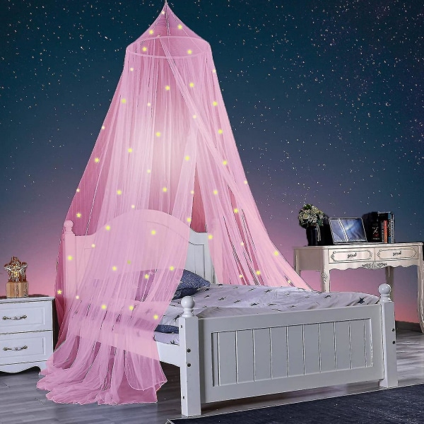 1 sæt Glow-in-the-dark Polyester Stars Princess Dome sengehimmel Pink M