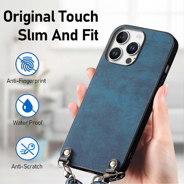 Retro skinndeksel til iPhone 16 Pro med justerbar stropp Blue