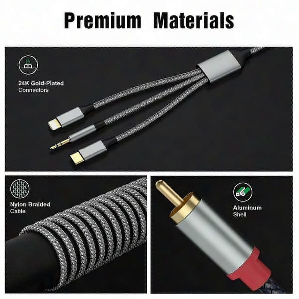 3-in-1-äänikaapeli autoon ja kotiin, USB-C–RCA-sovitin, Lightning–RCA-liitäntäratkaisu
