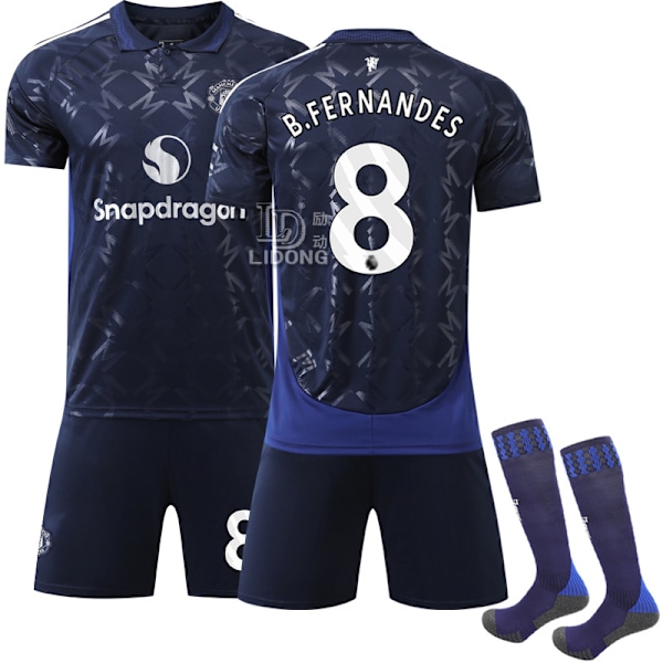 Manchester United bortedrakt for barn 2024-2025, fotballdrakt, sett med nr. 8 B. Fernandes S