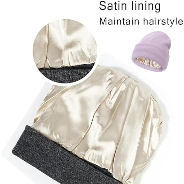 Ingen statisk-ingen frizz-ingen trasselhatt, mössa med silkesfoder, satin-fodrade vinterhattar strumpor hattar för kvinnor grey