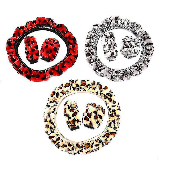 3-pack Leopardskinnsplysch Rattstyrningsöverdrag Vinterbiltillbehör Red