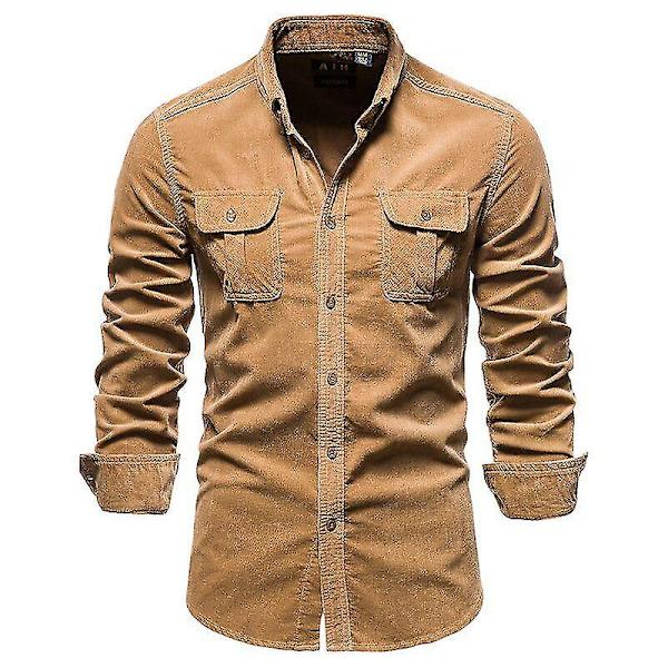 Slimma långärmade skjortor för män Khaki XL