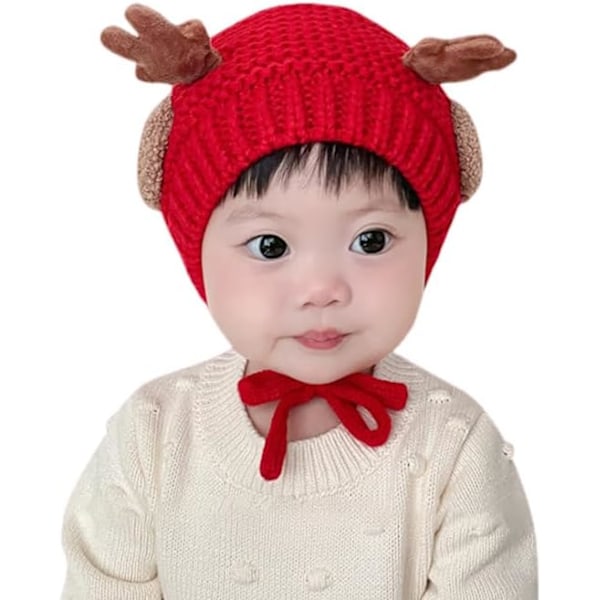 Søt Hjorte-Elg Hodeplagg Babyhatt Vinter Varmt Plysj Strikket Ørevarmer Bonnet Gutter Jenter Caps Beanie med Hakestropp Red One Size