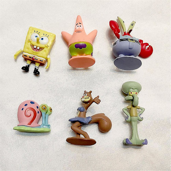 Svampbob Fyrkant Actionfigurer Set Och Tårt Toppers - 6 delar Svampbob Fyrkant Födelsedagsfest Tillbehör Statyetter