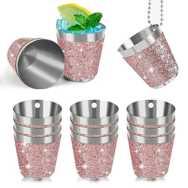 12Pcs Shot Cups Metal for Hanging Shot Glasses Stainless Steel with Chain Shot Glass 30ml Shot Cup Pink