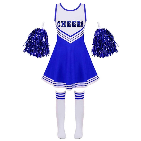 Tyttöjen cheerleading-asu tanssipuku lasten cheerleader-asu pyöreällä pääntiellä tilkkutyylinen tanssimekko kukka ja sukat blue 7-8 Years