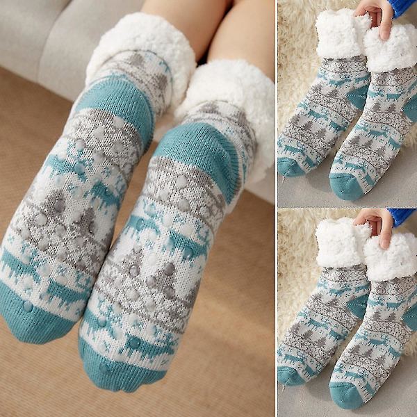 Kvinnors hjort mysiga tofflor strumpor fleece lång jul mjuk varm golvsocka Lake Blue