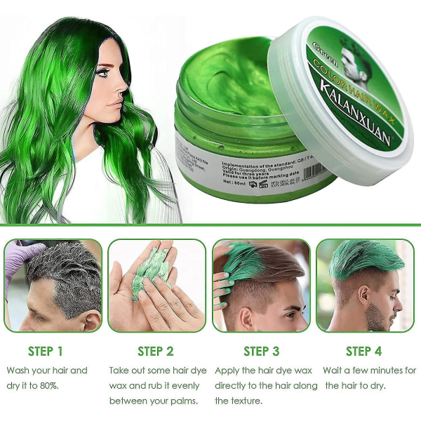 Midlertidig hårvoksfarge, grønn hårfarge, grønn hårvoks hårstilfarge gjørme, hårsprayfarge for menn, kvinner, øyeblikkelig styling