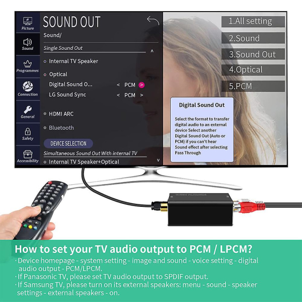 Digital til Analog Audio Converter, DAC Digital Spdif Optisk til Analog L/r Rca & 3,5 mm Aux Stereo Au black