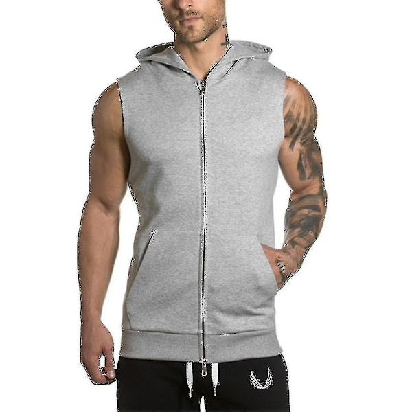 Menn Ermeløs hettegenser Zip Up hettegenser Top Gym Sport Gilet Coat Jacket Grey S