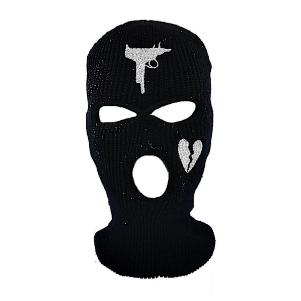 Unisex broderet balaclava strikket fuld ansigtsmaske til løb skiløb cykling Black