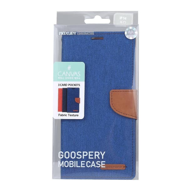For iPhone 14 Plus GOOSPERY CANVAS DIARY Canvas Tekstur Flip Lær Telefonveske Blue