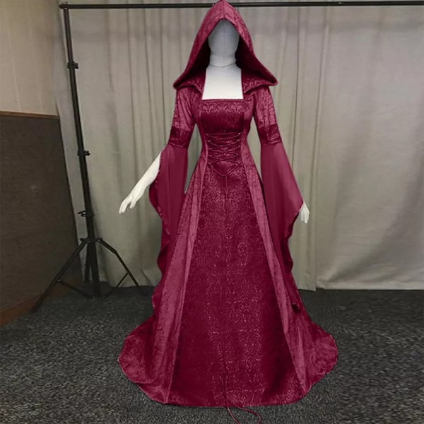 Gotisk Huvad Kläning Brudklänning Cosplay Halloween Claret XXXL