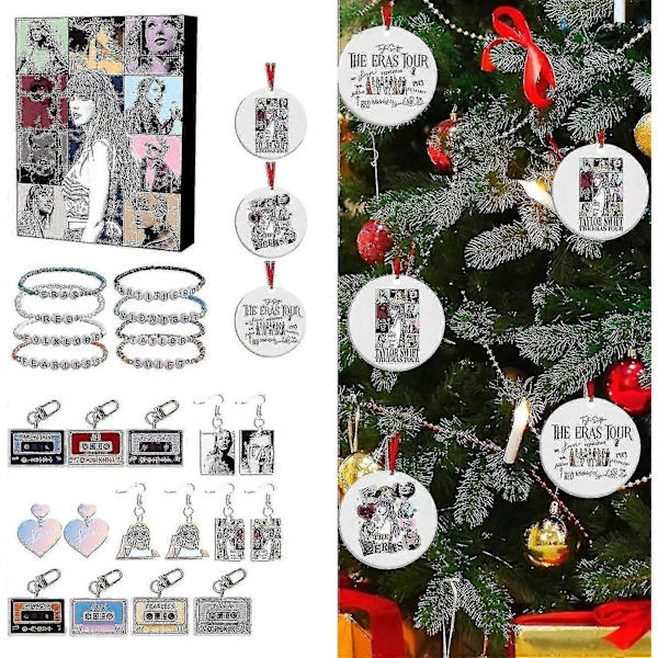 Taylor Swift Julekalender med 24 Stykker Gave Juleakryl Dekoration og Armbånd Overraskelse Julefavoritter