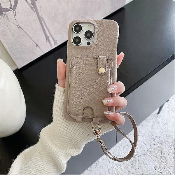 Fodral för iPhone 16 Pro Max, multifunktionella kortfack, läderbaksida med handledsrem Grey