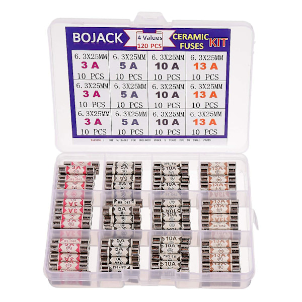 4 værdier 120 stk 3 5 10 13 Amp Amps 240v Volt husholdning stik sikring 6.3x25mm 0.25x1inch Bs1362 keramisk rør patron med sikringer sortiment kit