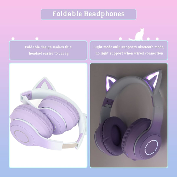 Trådlösa spelheadset via Bluetooth 5,1/3,5 mm AUX-kabel, hopfällbara hörlurar med 7 färger LED-lampor och 4 LED-lägen för flickor, vuxna (violetta)