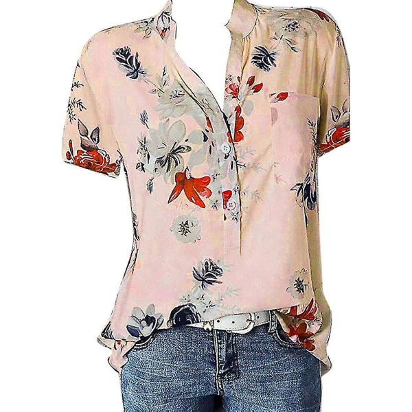 Blomstertoppe til kvinder 2023 Button Down Fashion Casual skjorter med lange/korte ærmer Bluse Pink 5X-Large