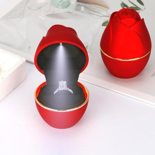 1 st Rosformad Ringpresentask med LED-ljus, LED-sammet Smyckesring Örhängehållare Ask, Smyckesdisplayask för