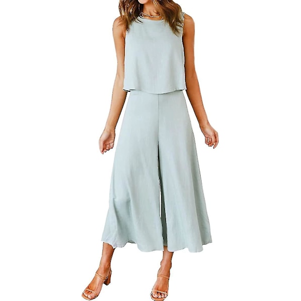 Roylamp Sommer-outfits til kvinder i 2 dele Rundhalset Crop Basic Top Beskåret Bukser med brede ben, Jumpsuits Light Cyan Medium