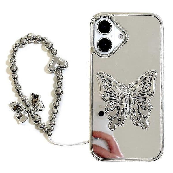 For iPhone 16 Deksel med Sommerfugl Støtte, Stropp TPU Akryl Telefon Bakdeksel Speiloverflate