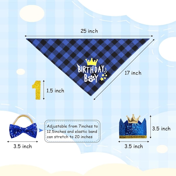 Hunde fødselsdagsfestartikler, pige hund fødselsdag bandana sæt med sød hund sløjfe, krone hat med tal til små mellemstore store hunde Blue