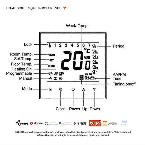 BHT-1000GB Elektrisk Gulvvarme Smart Termostat Berøringsskærm Temperaturregulator Panel White