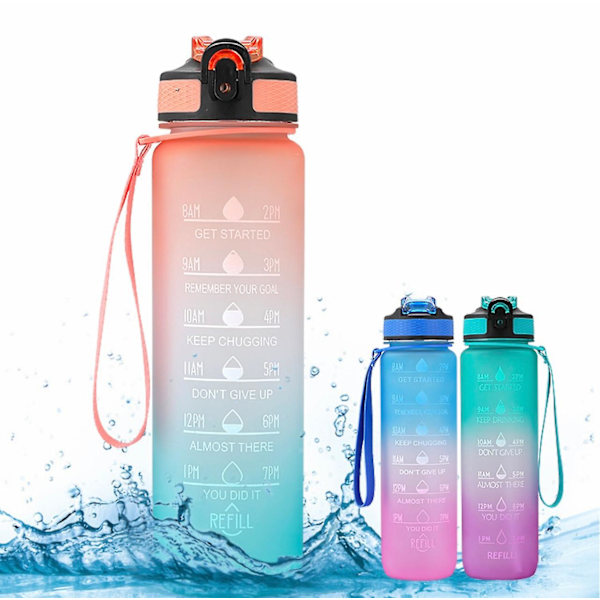 Motiverande Tid Markerad Vattenflaska 1000ml Orange Green OneSize