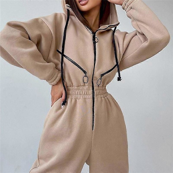 Dame Tracksuit Falsk Todelt Sæt Casual Lynlås Snøretrøje Dragt Mode Solid Løstsiddende Efterår Vinter Sweatshirt Sports Sæt Apricot L