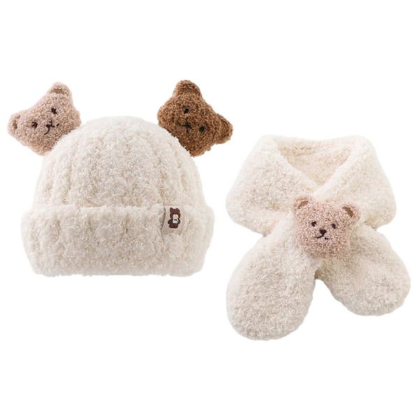 Baby Vintermössa & Halsduk Set med Kartongbjörn Dekor Tjock Mjuk Plysch Kalla Resistent Stickad Unisex Halsduk Barn Vintertillbehör Beige