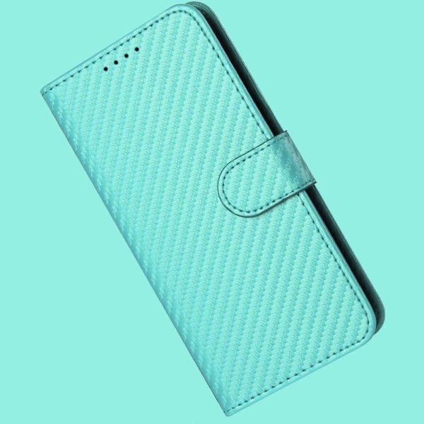 Plånboksfodral för iPhone 16 Plus med rem, kolfibertextur läder mobilskal Light Blue