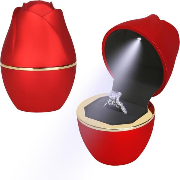 1 st Rosformad Ringpresentask med LED-ljus, LED-sammet Smyckesring Örhängehållare Ask, Smyckesdisplayask för