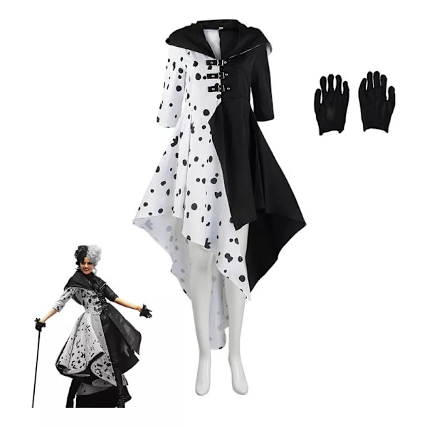 Cruella De Vil Cosplay Klänning Cruella Svart Vit Polka Dots AS G