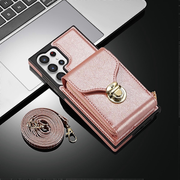 Plånboksfodral med blixtlås för Samsung Galaxy S24 Ultra, kortfodral i läder med axelrem för kvinnor Rose Gold For Galaxy S24 Ultra