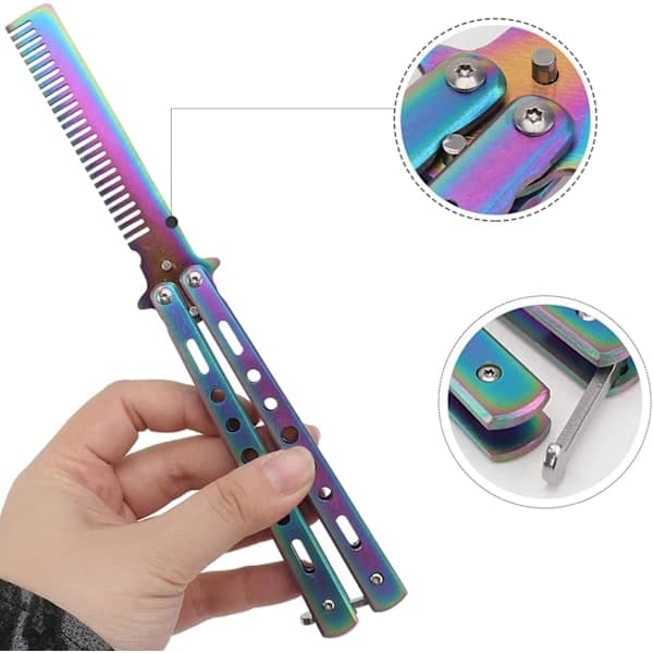 Butterfly Comb Unsharpened Metal Knife, Stainless Comb Foldable Training Butterfly Knife, Balisong Metal Comb Tool, Non-Sharp Blade Safe Butterfly