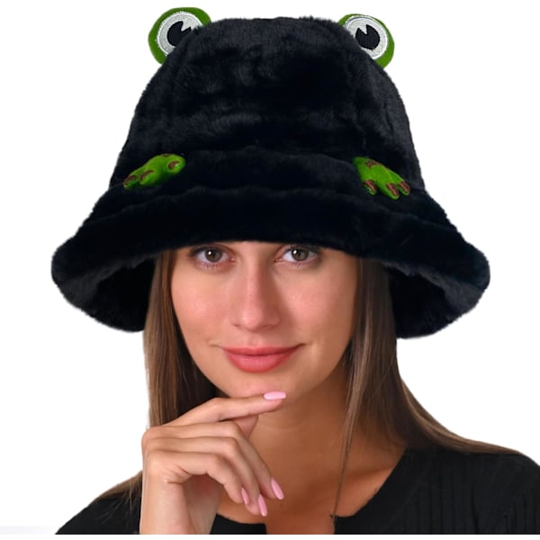 Fuzzy Bucket Hat til Kvinder og Mænd - Plysset, Sød Bucket Hat til Vinter - Varmt, Fluffy Fiskerhat - Sjove Sherpa Hatte Frog-black