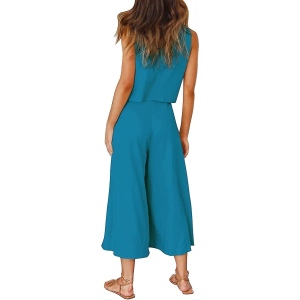 Roylamp sommerantrekk for kvinner i 2 deler Rundhalset Crop Basic Topp Beskåret buksesett med brede ben, Jumpsuits Lake Blue Small