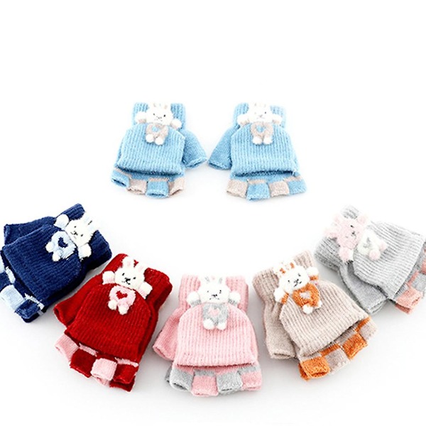 Strikkede hansker Vinter plysj halvfinger votter med flip topp barnehansker Light Blue
