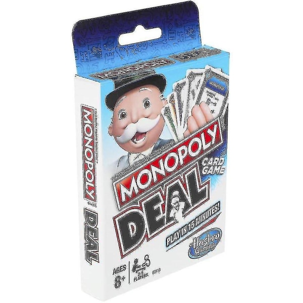 Monopoly Deal -pikakorttipeli perheille, 8-vuotiaille ja sitä vanhemmille lapsille ja 2–5 pelaajalle[hsf]