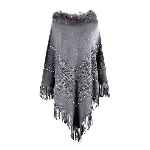 Autumn Winter Grey Pullover Shawl With Fur Collar Knitting Poncho With Tassel For Lady