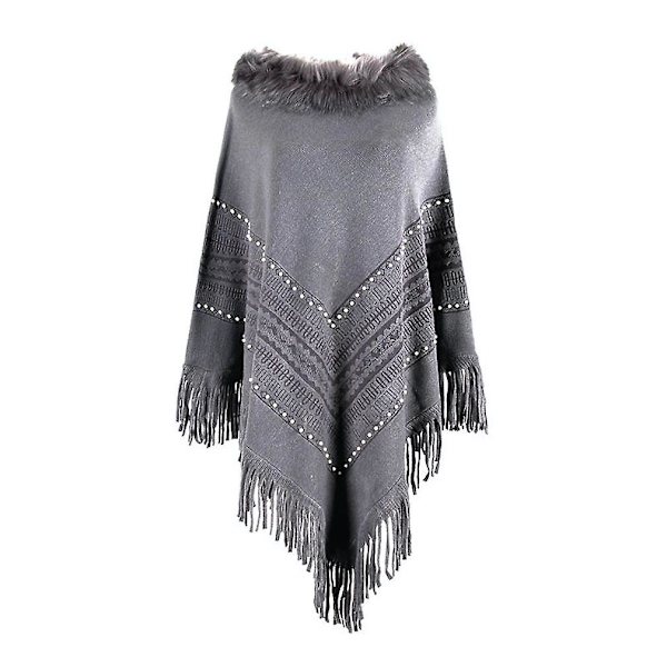 Höst Vinter Grå Pullover Sjal Med Pälskrage Stickad Poncho Med Tofs För Dam