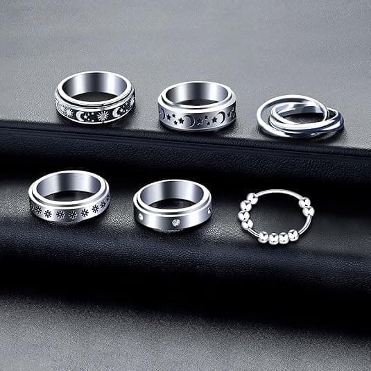 Fidgetringer mot angst, 6 stk. Spinnerringer i rustfritt stål, angstdempende ring med roterende måne og stjerne 9